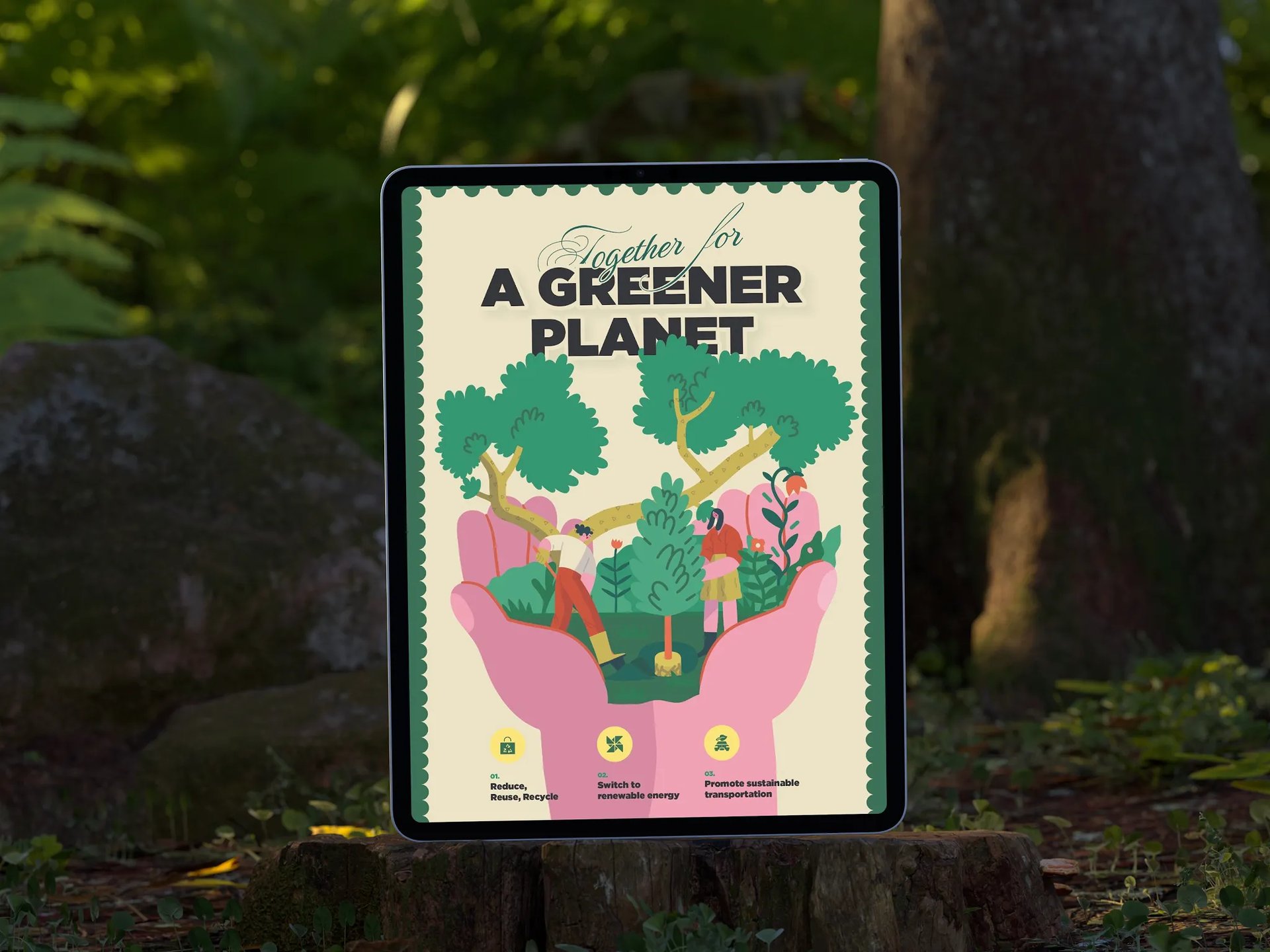 Illustration of a forest with a screen showing the message 'A greener planet'