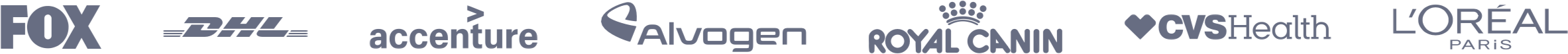 Customer logos: FOX, DHL, Accenture, Alvogen, Royal Canin, CVS Health, L'Oréal Paris