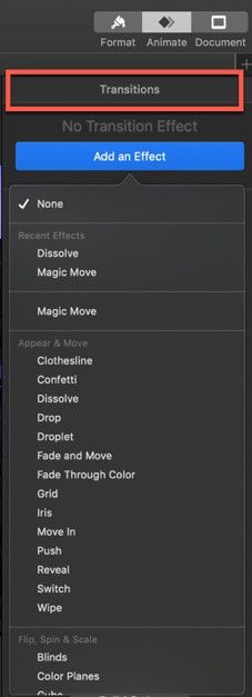 transition effects available in apple keynote