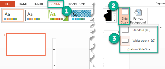 Los diferentes tamaños de diapositivas en PowerPoint: Estándar, Pantalla panorámica y Tamaño personalizado
