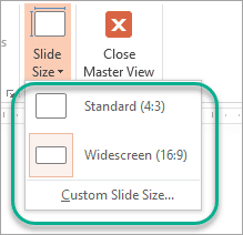 opciones del patrón de diapositivas - ajustes del tamaño de las diapositivas