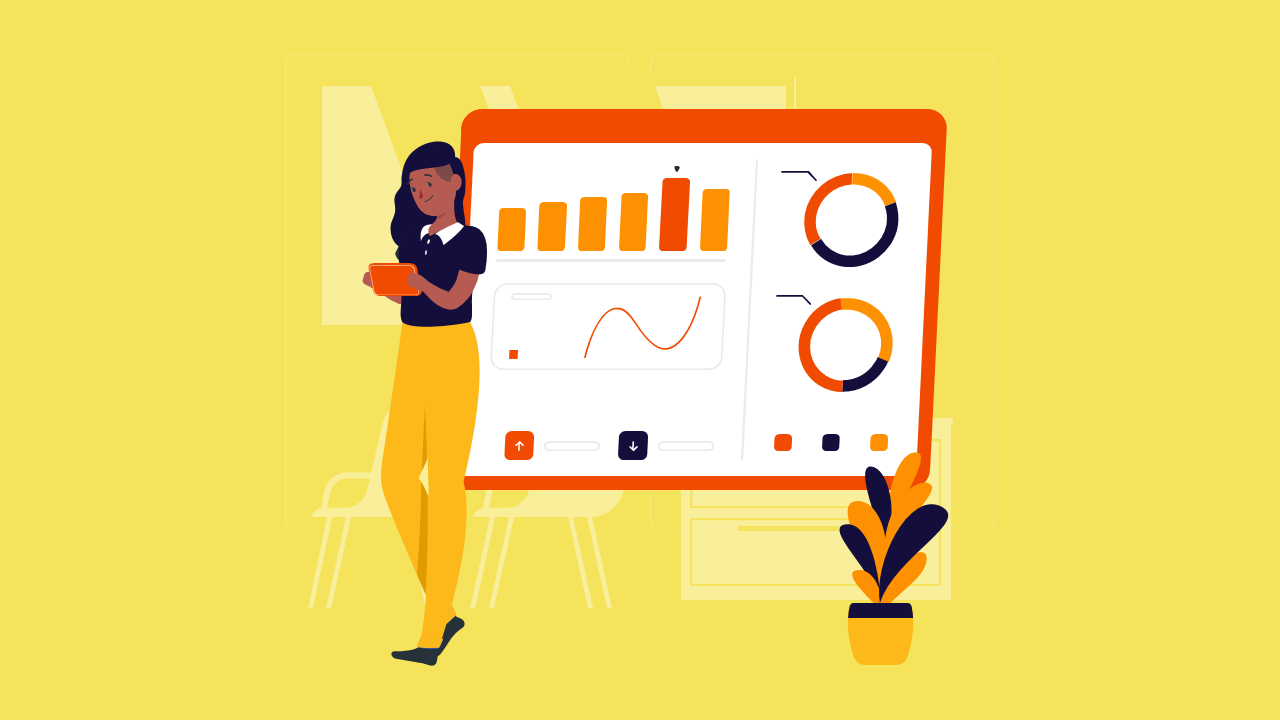PowerPoint illustration of a manager looking at a data dashboard