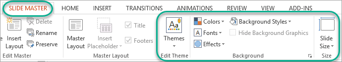 Other options you can set or edit in the slide master menu