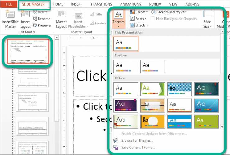 slide master options in PowerPoint - themes