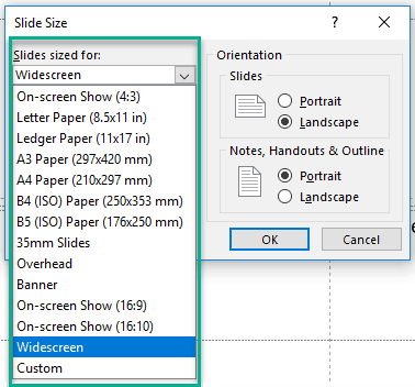Dropdown options in Slides Sized For option in custom slide size settings