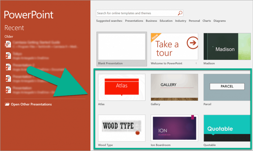 PowerPoint’s welcome screen shows several pre-loaded templates