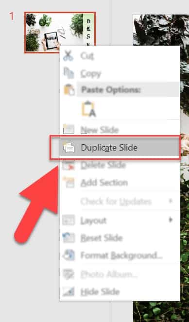 Right click on the thumbnail to see the Duplicate Slide option