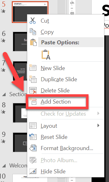 Right-clicking on a slide thumbnail will give you plenty of options. Click on Add Section