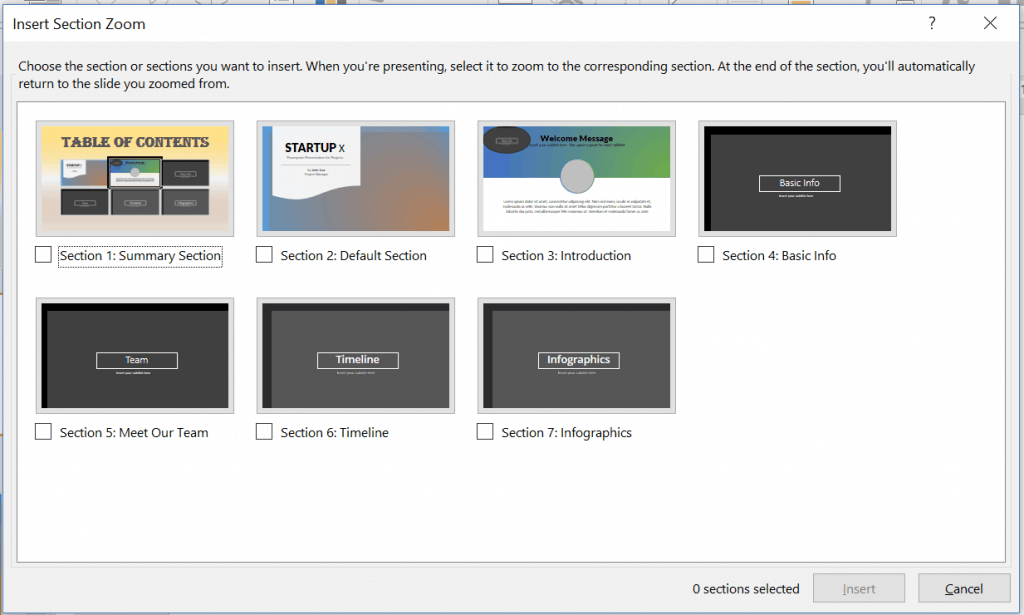 The Section Zoom dialog box. Select the section or sections you want to insert to your slide