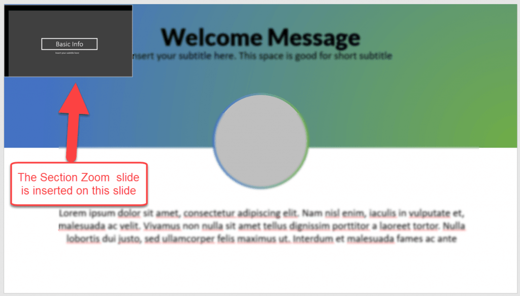 The Section zoom slide is inserted in my Welcome Message slide
