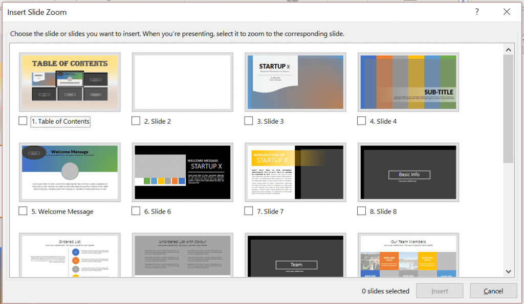 The Slide Zoom dialog box. Select the slide or slides you want to insert to your current slide