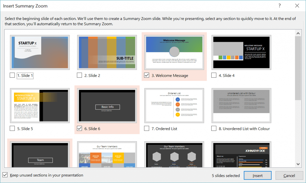 The Summary Zoom dialog box. Select the slides which will go into the Summary Zoom slide