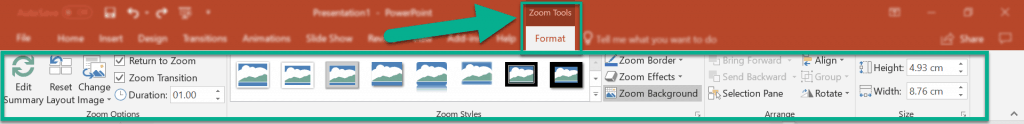 The Zoom Tools Format menu in PowerPoint 2016