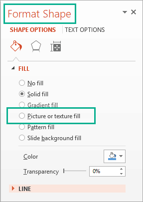 Accessing Picture or Texture Fill option in the Format Shape menu in PowerPoint 