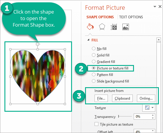 The Format Picture menu appears when you click on Picture or Texture Fill