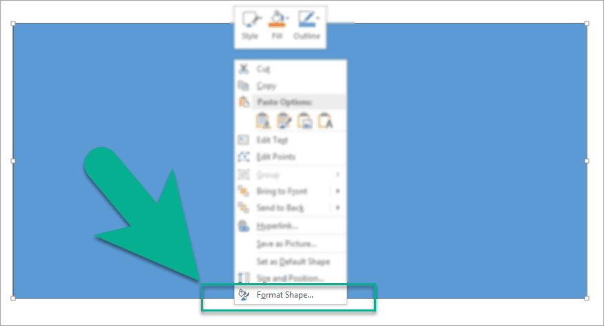 Format shape option on PowerPoint can be accessed by right-clicking on the shape