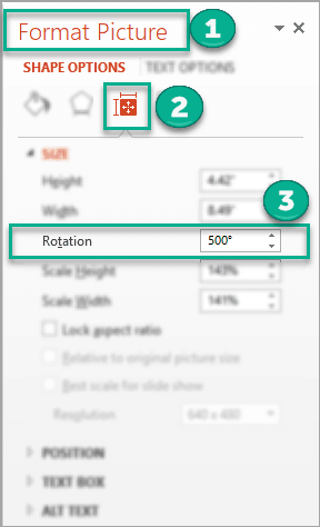 Rotation settings in Format Picture menu in PowerPoint 