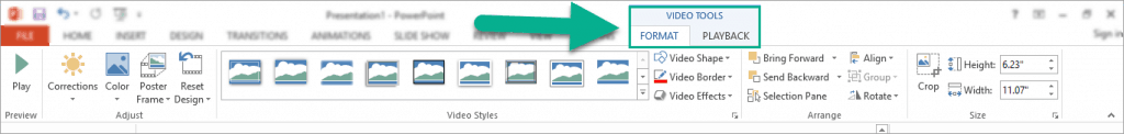 The Video Tools menu in PowerPoint 