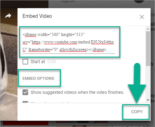 Click on copy to save the YouTube embed code to your clipboard