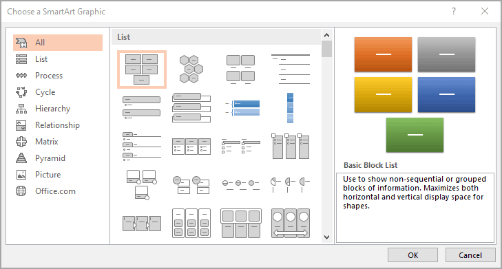 The SmartArt menu in PowerPoint