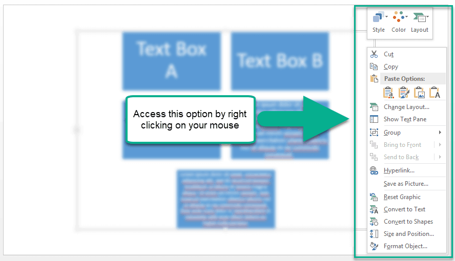 Right-click mouse options for your SmartArt graphic in PowerPoint