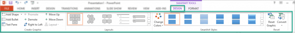 The options in the Design tab in SmartArt tools 