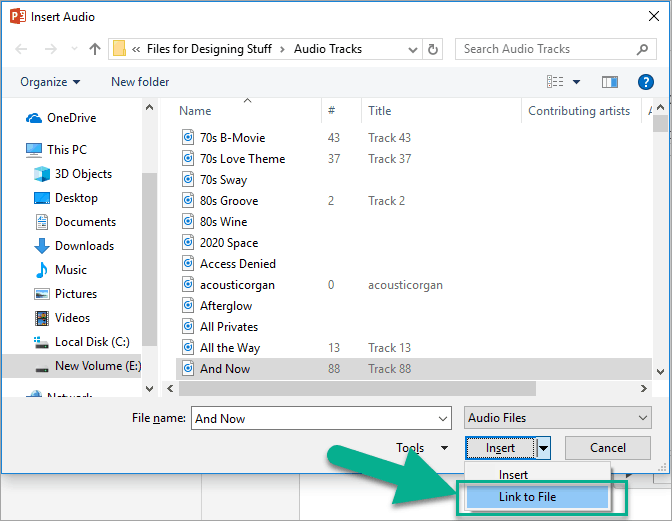 How to link to audio file instead of embedding it in PowerPoint