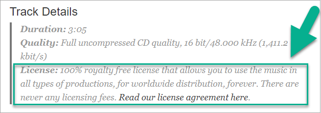 License details on the Free Stock Music website