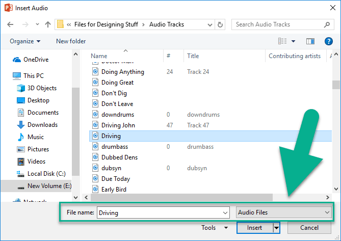The insert audio dialog box in PowerPoint