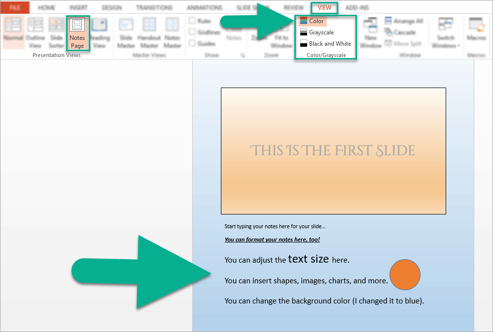 This is the Color view on the Notes Page in PowerPoint