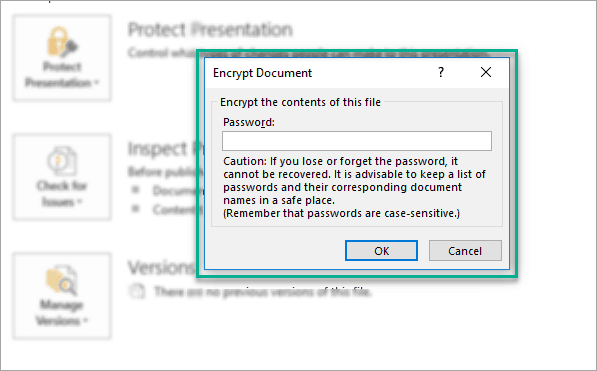 How to password-protect PowerPoint – the Encrypt Document pop-up