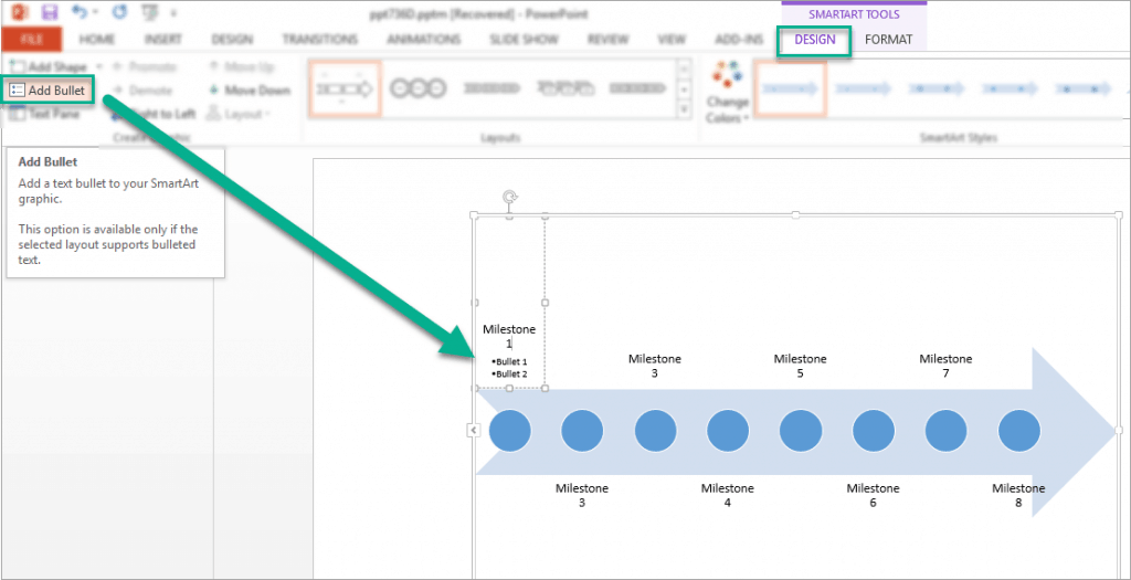 How to add bullet points in basic timeline SmartArt graphic in PowerPoint