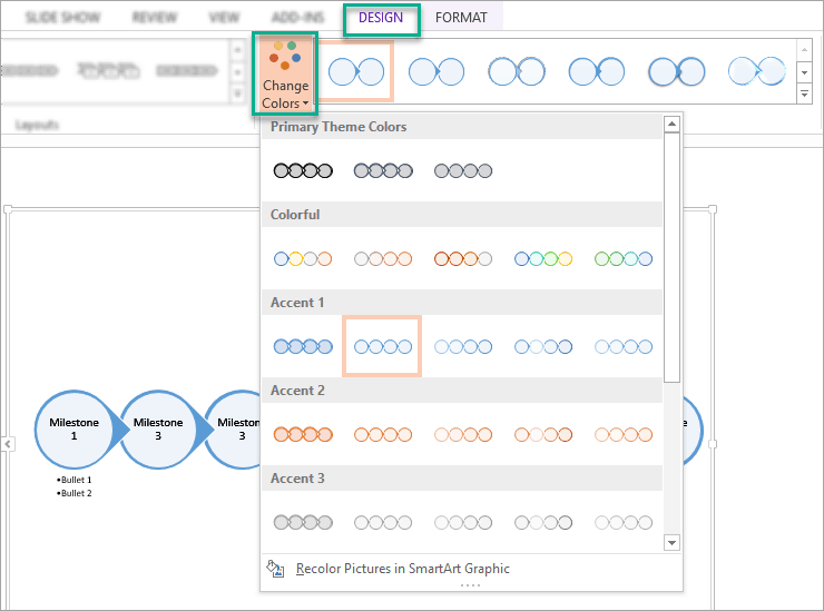 How to change colors in your timeline SmartArt graphic in PowerPoint