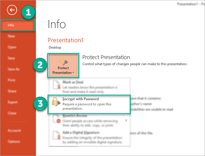 The steps you need to follow to get to the Encrypt With Password option in PowerPoint