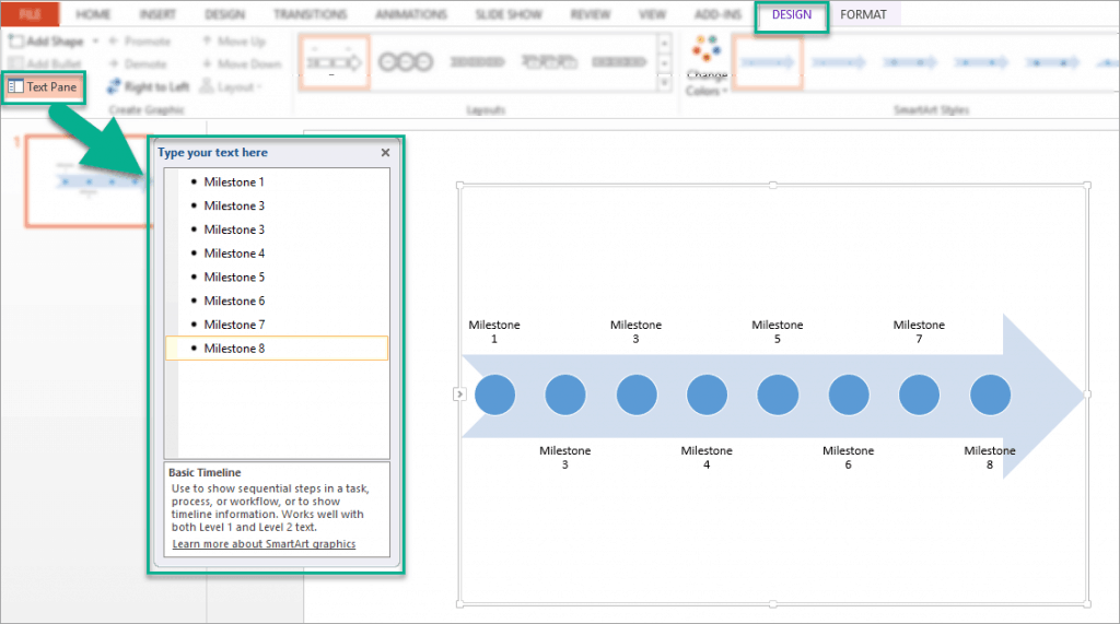 Using the text pane to edit text in SmartArt basic timeline graphic in PowerPoint