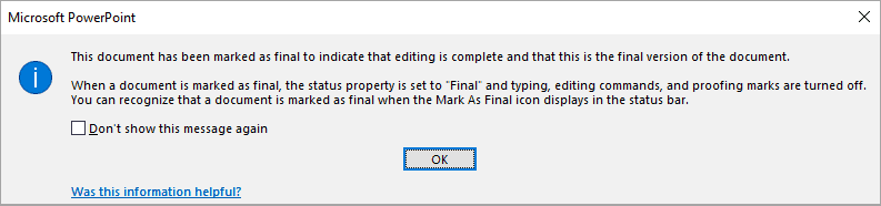 Dialog box that appears when you mark a PowerPoint file as final version