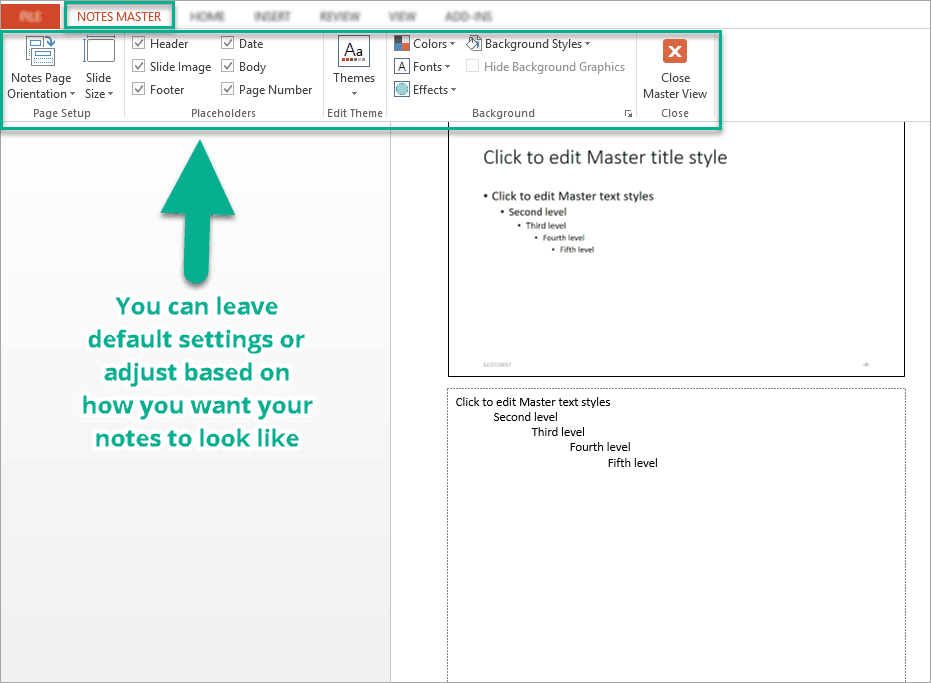 The Notes Master view in PowerPoint