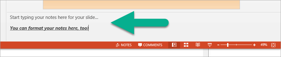 The notes pane that appears below each PowerPoint slide