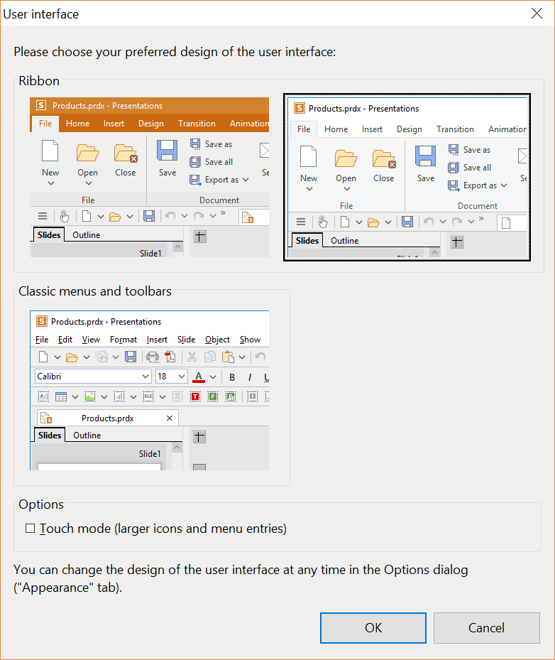 FreeOffice 2018 Presentation user interface options - ribbon or classic