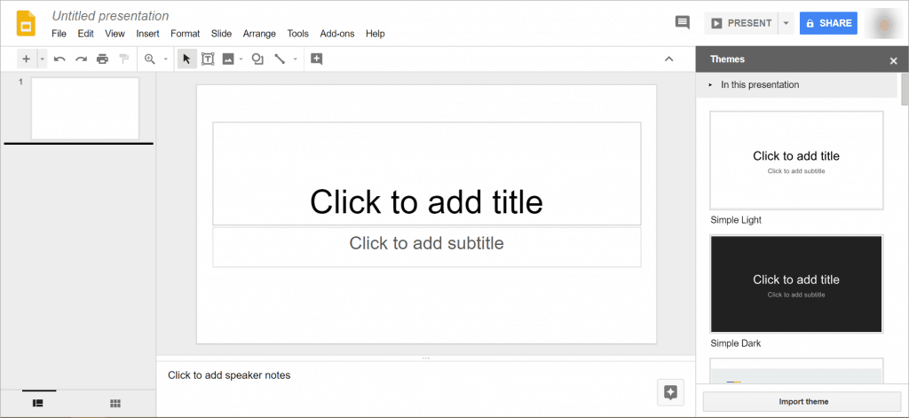 Google Slides user interface