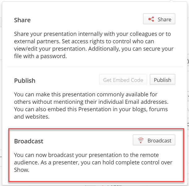 Zoho Show share options including broadcasting