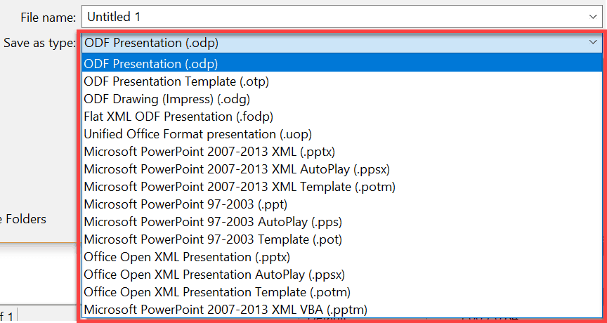 LibreOffice Impress Save As file types