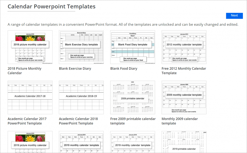 A screenshot of Presentation Magazine's free PowerPoint calendar templates