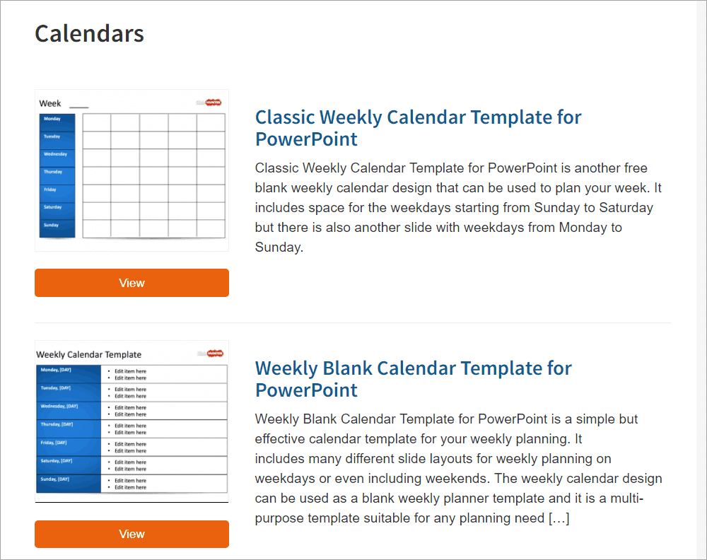 Screenshot of SlideHunter's free PowerPoint calendar templates