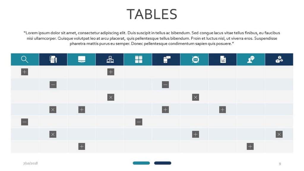 The Tables PowerPoint Template Pack includes this table with symbols slide you can use to present a large amount of data in table format