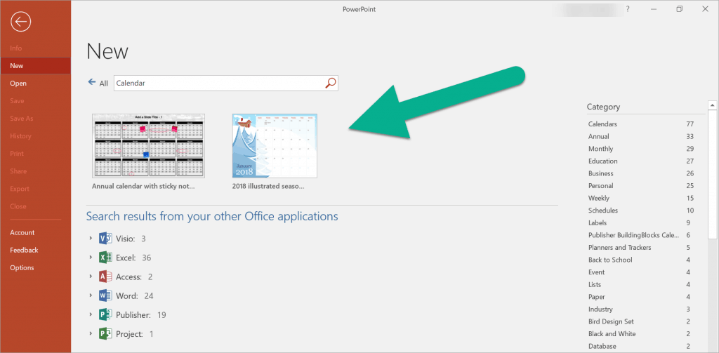 Available calendar templates from the PowerPoint home screen