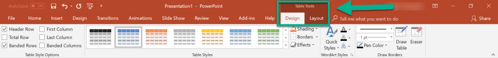 Accessing the hidden Table Tools menu in PowerPoint