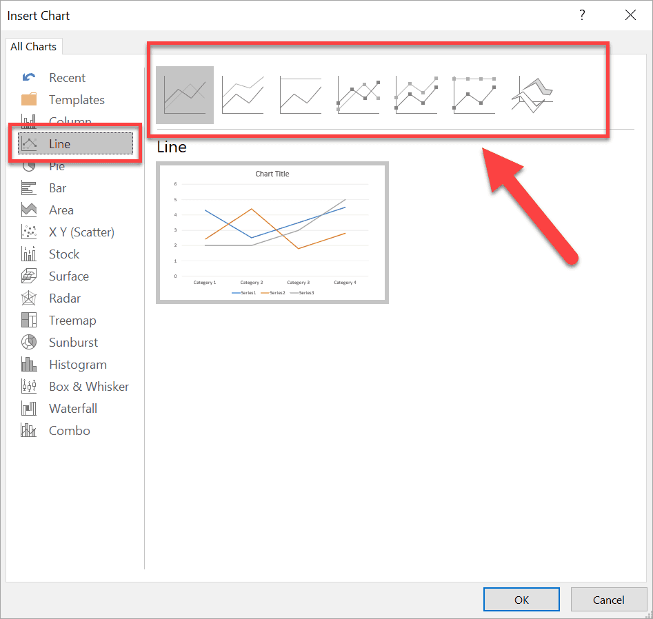 Screenshot on the right way to insert a line graph in PowerPoint