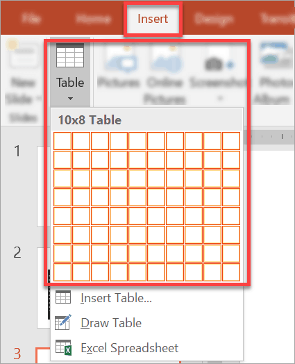 Screenshot on how to insert a table in PowerPoint