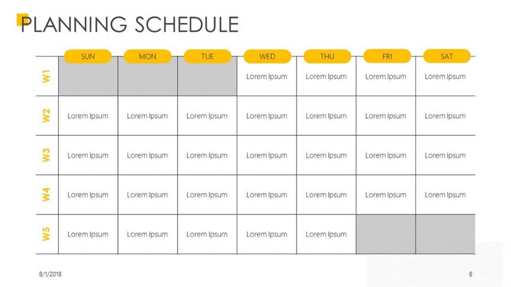 What the Planning Schedule slide included in the Planning Slides PowerPoint Template Pack look like